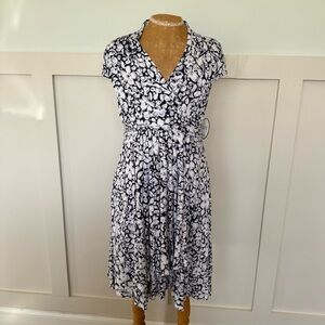 Soma Soft Support Midi Dress Small Blue Floral Faux Wrap Cap Sleeves Stretchy